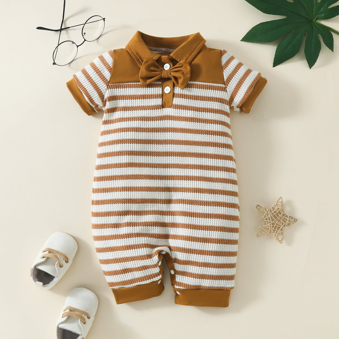 Baby Boy Waffle Stripe Short Sleeve Romper