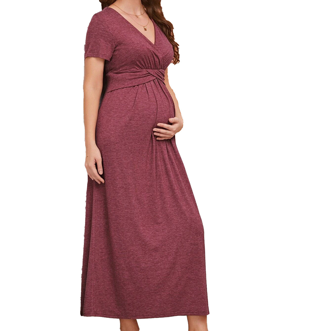 Red Short Sleeve Maternity Nursing Dress Maxi Skirt