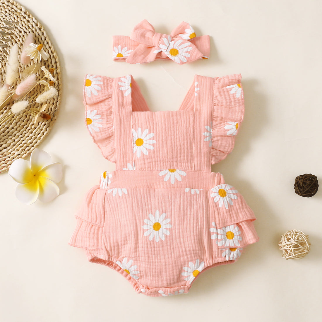 Sleeveless Floral Print Baby Girl Rompers