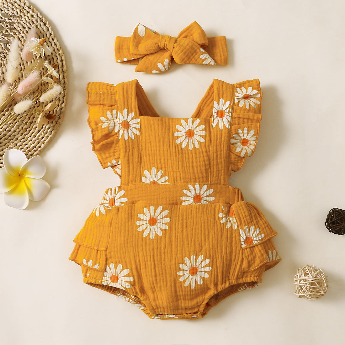 Sleeveless Floral Print Baby Girl Rompers