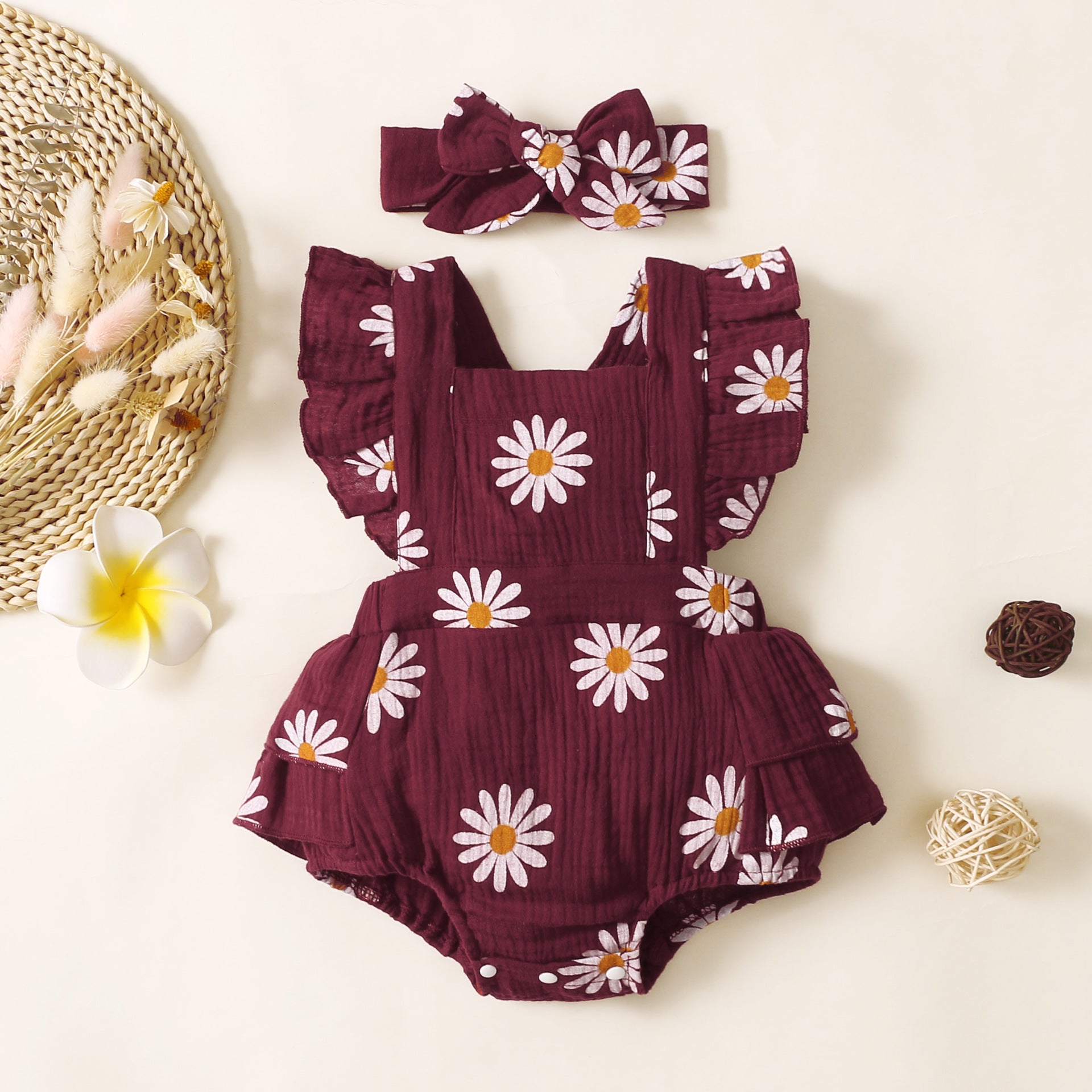 Sleeveless Floral Print Baby Girl Rompers